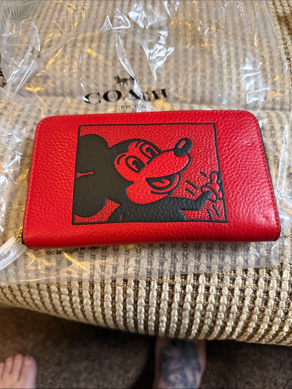 Coach Red Leather Zip Wallet with Black Mickey Illustration
